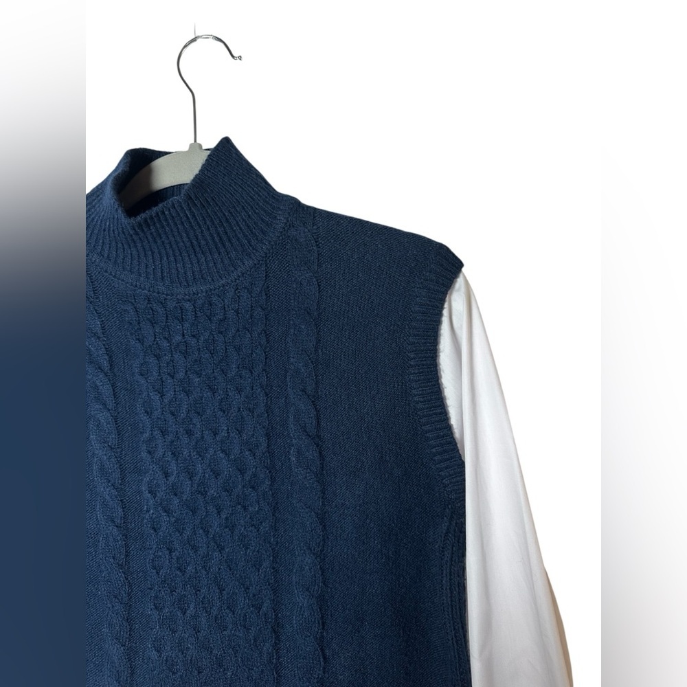LOFT Sweater Vest Blouse Combo Womens S Navy White Cable Knit Mixed Media Top - Picture 3 of 6